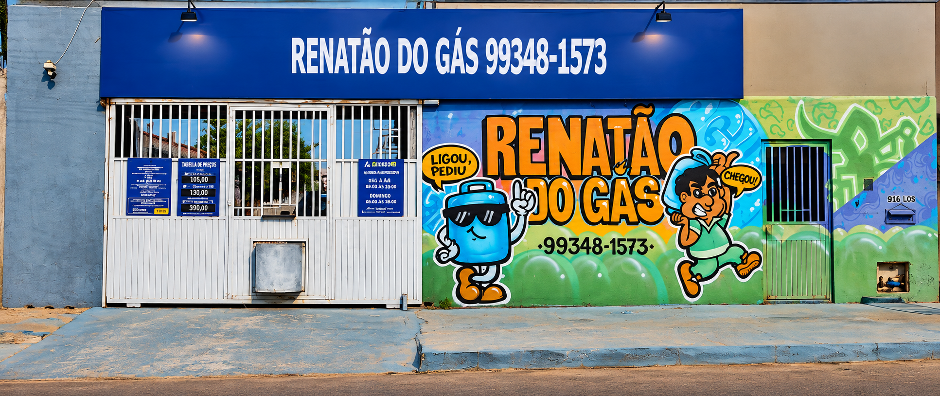 Fachada do depósito Renatão do Gás, com o letreiro e a entrada da loja