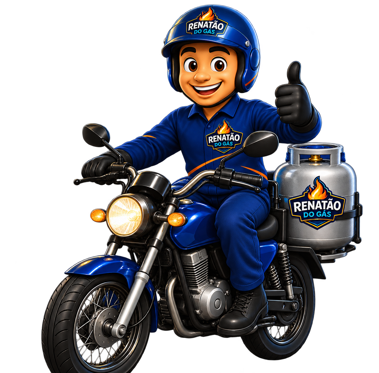 Entregador do Renatão do Gás em uma motocicleta com botijão, pronto para fazer entregas